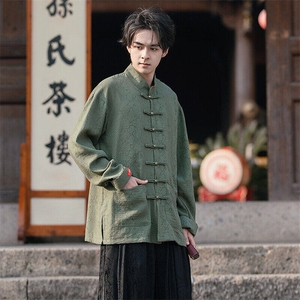 （大蛇）新中式风朝铜扣盘扣立领蛇年复古棉麻烫印长袖衬衫图片