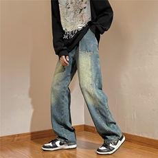 做旧美式牛仔裤男款冬季vibe潮牌直筒裤高街复古宽松KM605P40，男装牛仔裤，星座1116-2