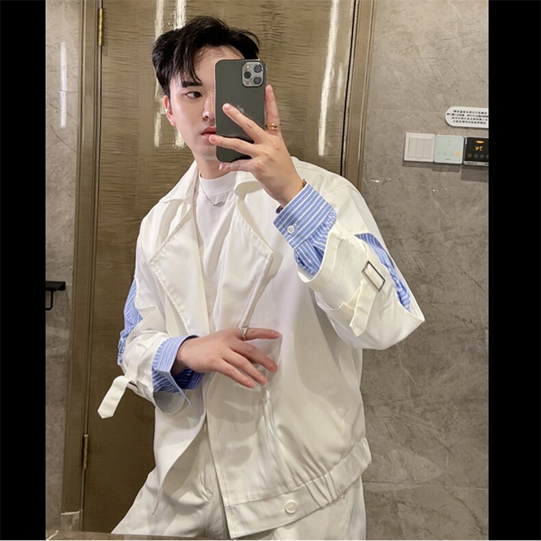 春秋新款拼接条纹假两件短款夹克男时尚设计感外套JK9002-特80,男装夹克,电商B267