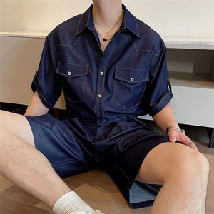 夏季垂感抗皱牛仔短袖衬衫套装高级衬衣短裤两件套TZ261-P135,男牛仔衬衫穿搭技巧图片