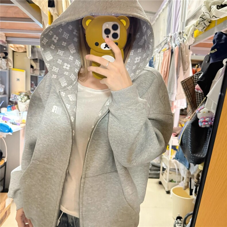 美式连帽卫衣女秋冬加绒字母印花开衫外套重磅潮牌宽松情侣上衣,女装短外套,星座506A