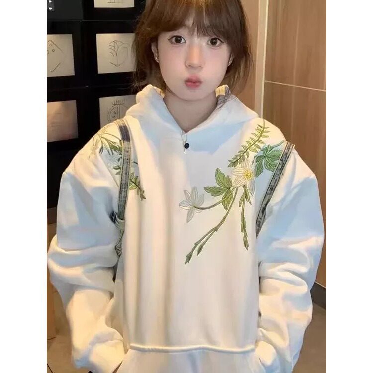 美式高街刺绣花卉连帽卫衣男女宽松外套WFM7155-P49,女装短外套,星座208-5