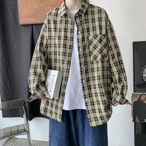 秋季 男长袖韩版潮流宽松格子衬衫港风帅气外套学生百搭 H210/P45图片