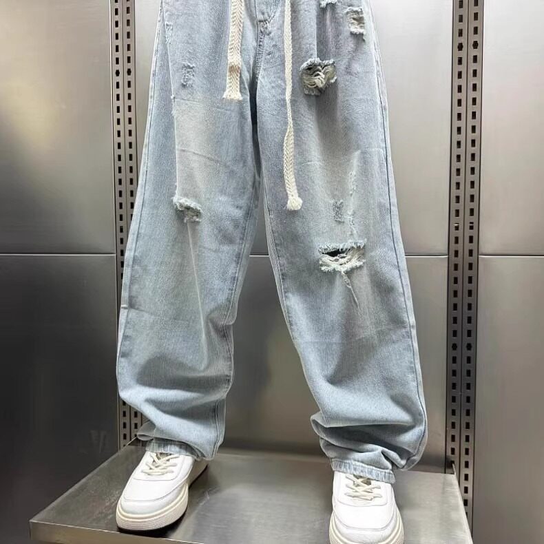 W10104-P48网图现货薄款破洞牛仔裤潮牌水洗松紧腰九分休闲裤,男装牛仔裤,星座1608-2