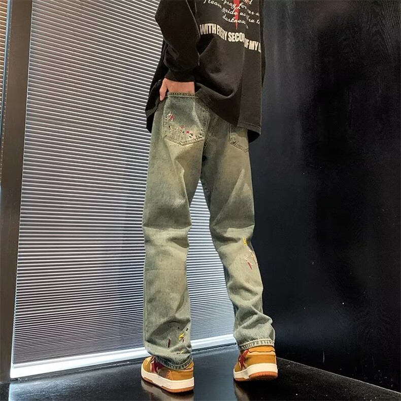 美式高街泼墨刺绣牛仔裤男女潮牌水洗做旧直筒宽松长裤N9534-P48,男装牛仔裤,星座1008