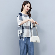 2023夏季棉麻格子简约气质圆领宽松时尚休闲显瘦舒适上衣，女装衬衫，独衣靓