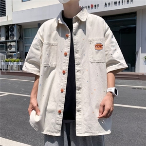夏季泼墨短袖牛仔衬衫男外套设计感小众日系风格半袖上衣 CM983图片