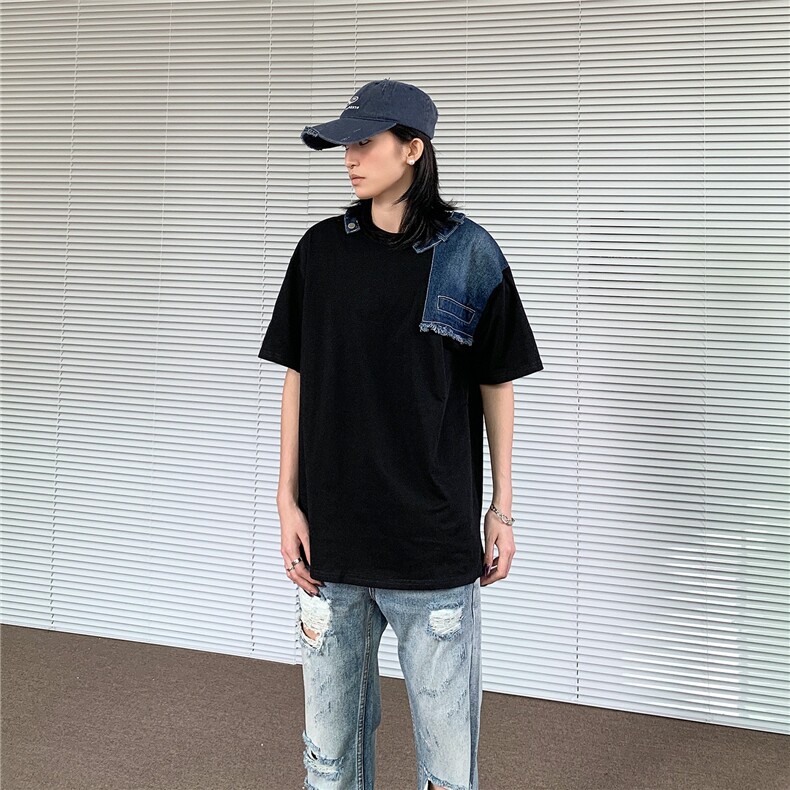 美式潮牌帅气牛仔拼接重磅短袖拼色设计小众半袖宽松休闲t恤上衣,男装T恤,星座506A
