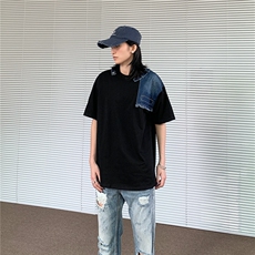 美式潮牌帅气牛仔拼接重磅短袖拼色设计小众半袖宽松休闲t恤上衣，男装T恤，星座506A