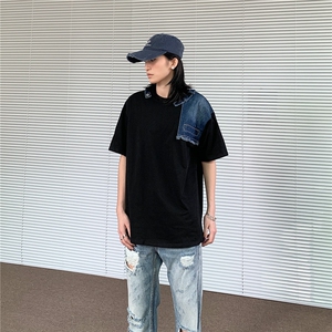 美式潮牌帅气牛仔拼接重磅短袖拼色设计小众半袖宽松休闲t恤上衣图片