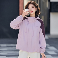 （现货）连帽拼接撞色外套女休闲时尚小个子百搭风衣，女装短外套，韩蔻秀
