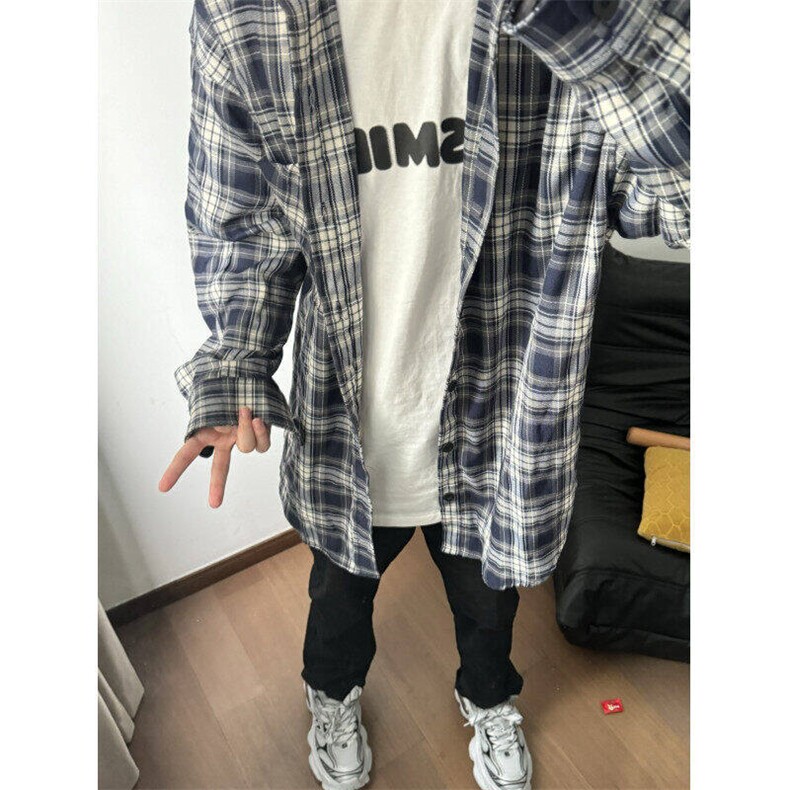 现货美式复古格子衬衫男潮vibe高街长袖衬衣百搭外套WLC844-P35,男装衬衫,星座1008