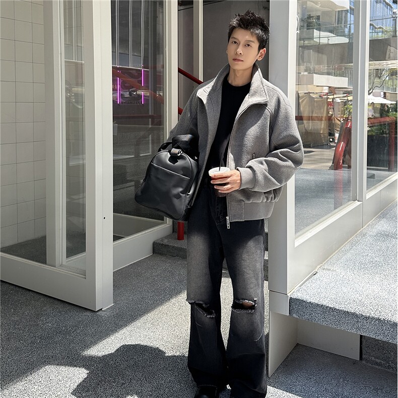 双拉链毛呢夹克外套秋冬短款呢子大衣宽松妮子风A236-JK632-P170,男装毛呢大衣,电商A236