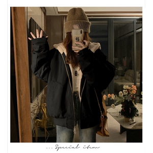 CC690-P125美式帅气宽松加绒加厚连帽外套女冬拉链重磅水洗棉服图片