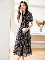 高级感温柔风碎花连衣裙夏新款减龄衬衫领气质修身收腰雪纺仙女裙，女装连衣裙，岚衣(原川流布茜）