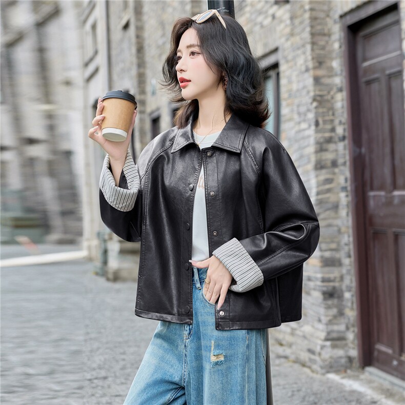 小个子韩系休闲皮衣外套女2025春秋新款时尚百搭显瘦长袖夹克上衣,女装皮衣,英标秀（1C119）
