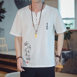 T85* 2021夏季男士中国风古风绣字棉麻盘扣短袖T恤衫 白色 *P38图片
