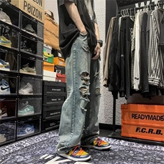 水洗破洞牛仔裤男夏季潮高街裤子设计感街舞裤NK321-P42，男装牛仔裤，星座1001-1