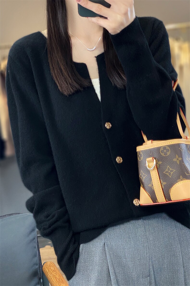 100%纯羊毛开衫毛衣女V领24秋冬新款纯色针织羊绒衫外套宽松上衣图片