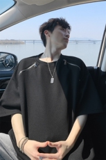 特批P25无差价夏季百搭华夫格拉链拼接宽松五分短袖T恤男T5078，男装T恤，电商A001-1