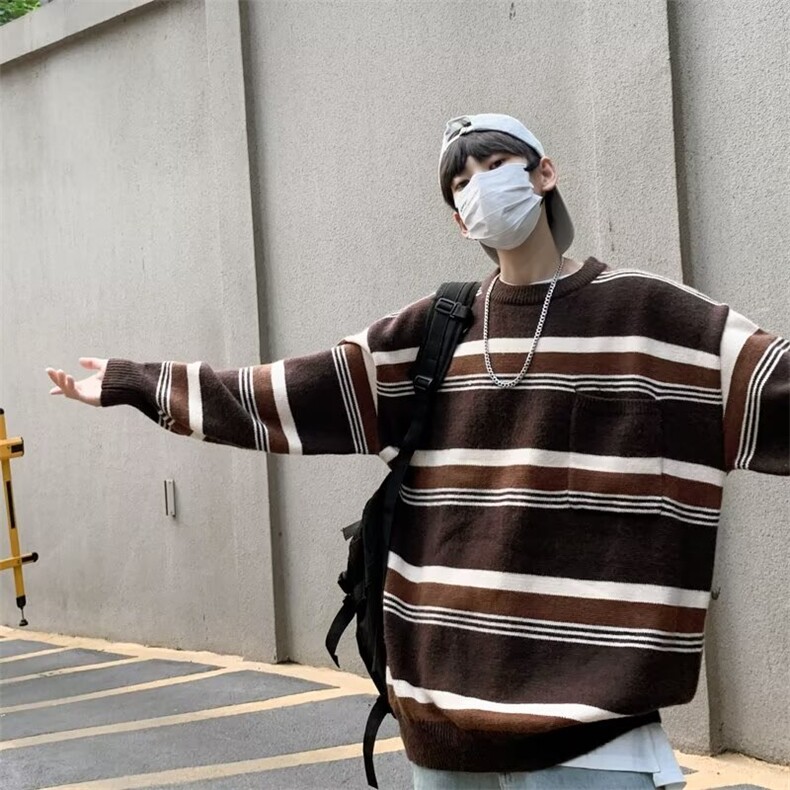 美式复古条纹毛衣男秋冬港风宽松圆领针织衫休闲毛线衣潮M7115,男装针织衫/毛衣,星座1116A-1（原606A）