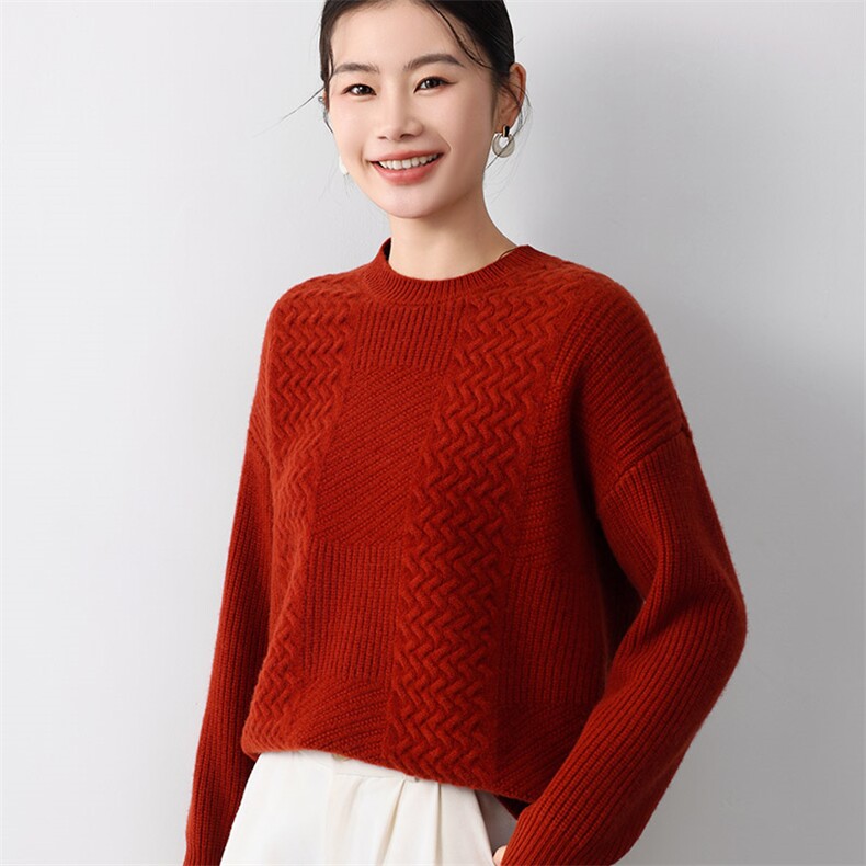 秋冬季新款舒适显瘦时尚百搭5针花型格圆领羊毛衫,女装羊毛衫,琳尚羊绒
