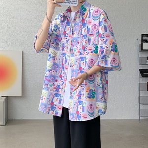 8XL-M 特大码古巴领花衬衫男复古夏威夷情侣沙滩短袖衬衣CS514P35图片
