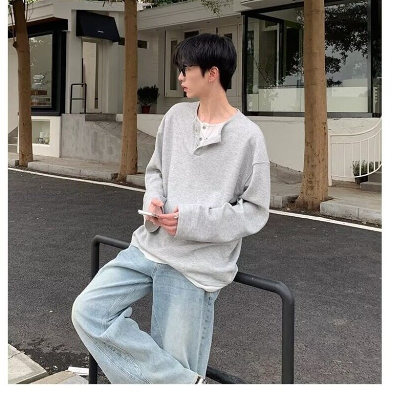 假两件亨利领长袖t恤男款2025春秋新款重磅内搭打底衫宽松上衣服图片