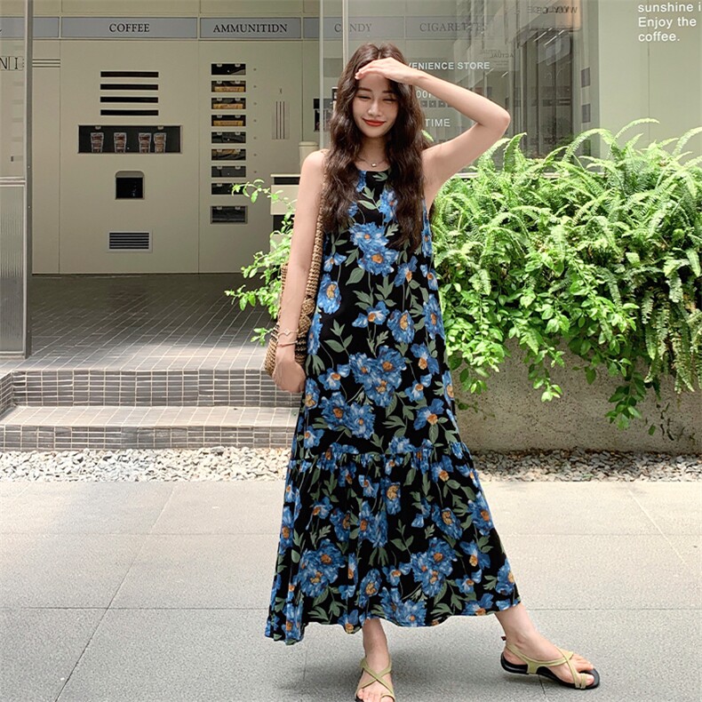 蓝色碎花无袖连衣裙女2025年夏季新款法式度假风气质绝美背心长裙,女装连衣裙,2C123