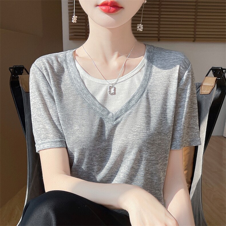 女士假两件短袖时尚百搭简约V领,针织衫/毛衣,绒宛羊绒
