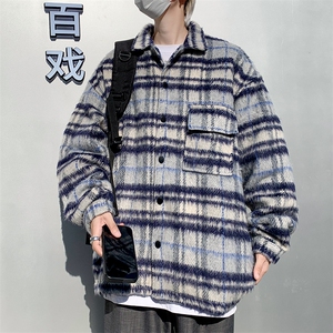 高品质港风秋款男夹克条纹格子衬衫毛呢休闲外套JK0107 P65图片