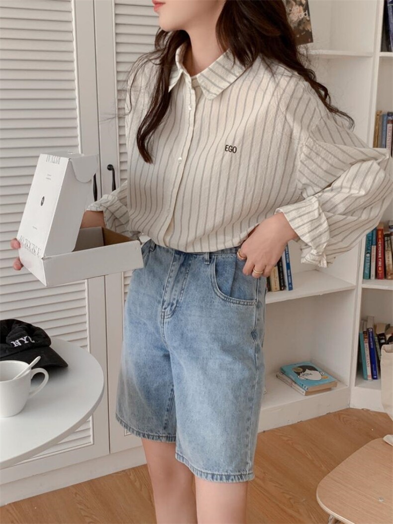 宽松质竖条刺绣字母衬衫，女装衬衫，DAP