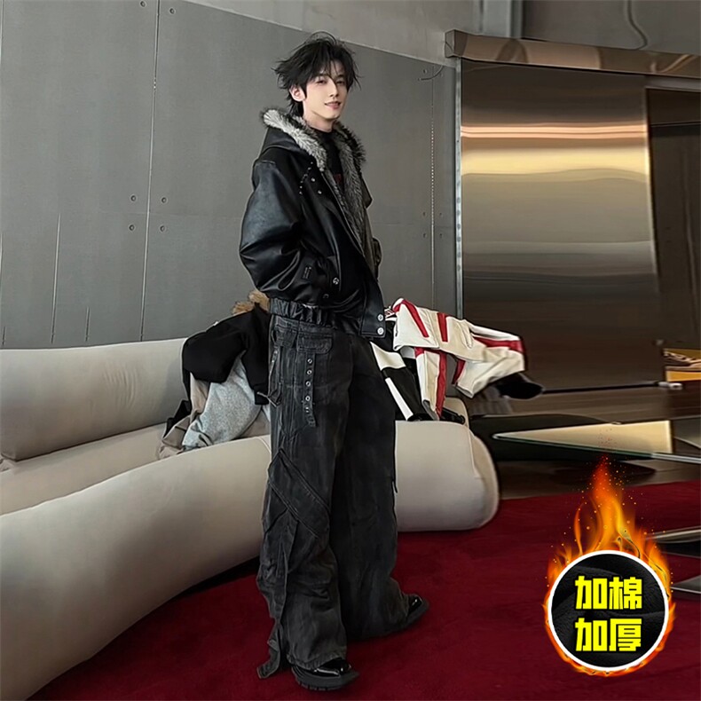 现货冬季美式潮牌痞帅PU皮机车服棉衣毛毛绒狼王座山雕皮棉服,男装棉衣,电商A443