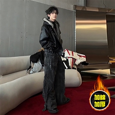 现货冬季美式潮牌痞帅PU皮机车服棉衣毛毛绒狼王座山雕皮棉服，男装棉衣，电商A443