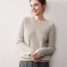 气质满分~秋冬山羊绒衫女圆领麻花针织衫纯色宽松毛衣内搭打底衫，女装针织衫/毛衣，暖绒情旗舰店