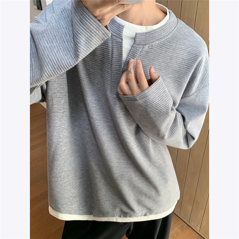 主推大华夫格拼色秋季卫衣男网红ins同款假两件长袖T外套特P30,男装卫衣,电商C306-1