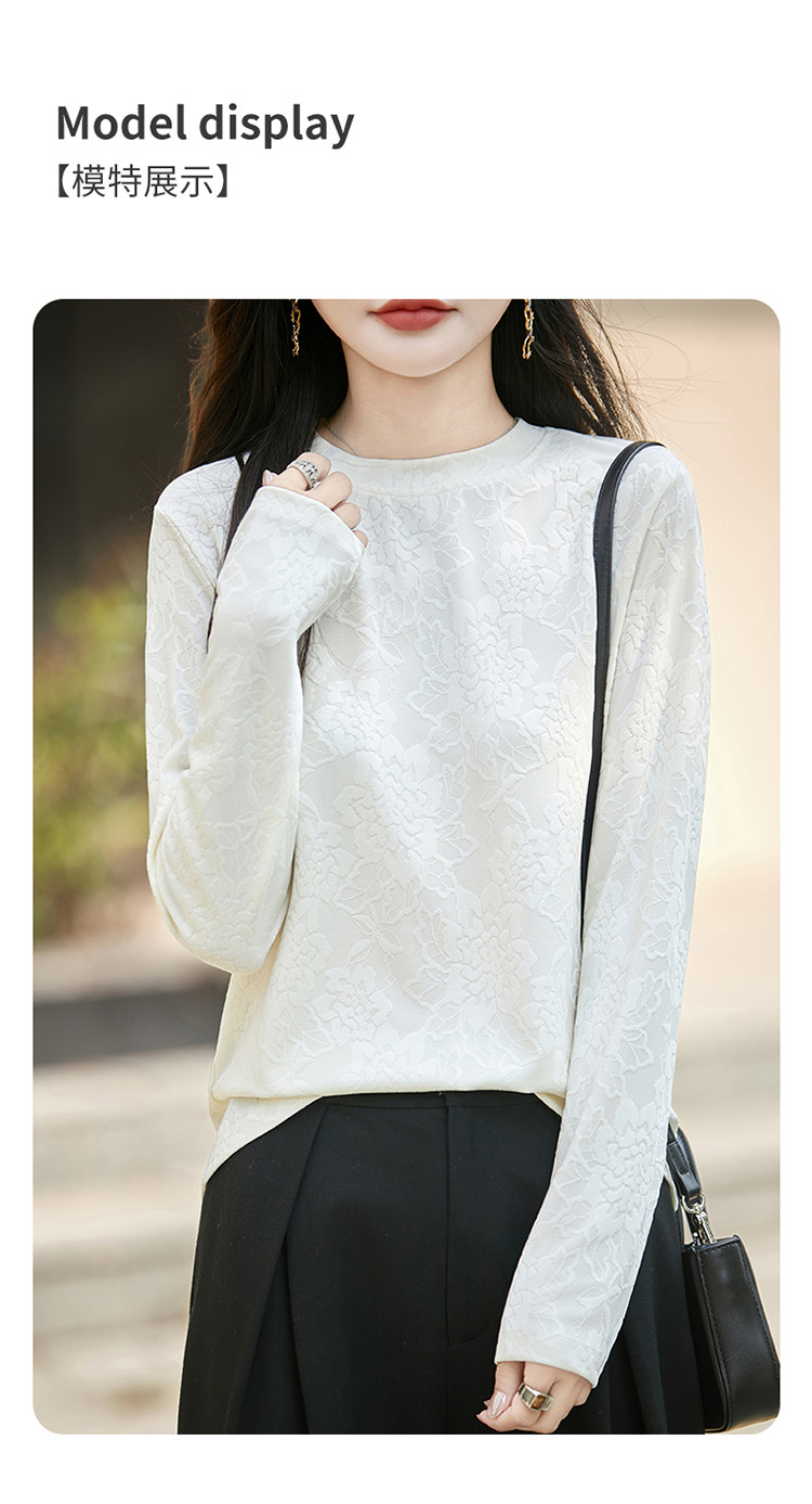 2025年秋季时尚百搭通勤简约休闲针织缎牡丹提花打底衫，女装针织衫/毛衣，圣丽羊绒