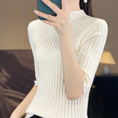 时尚百搭纯棉坑条半高领五分袖针织衫修身显瘦女士毛衣，女装针织衫/毛衣，桦兴羊绒