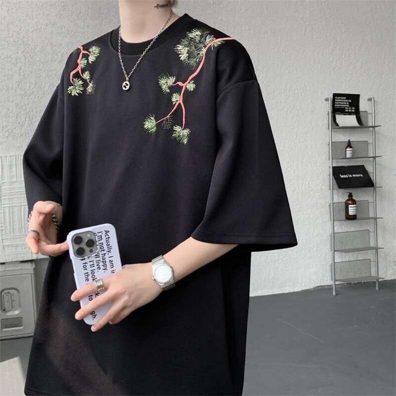 重磅花卉刺绣短袖T恤M-8XL特大码风半袖潮五分袖DX1219/P45图片