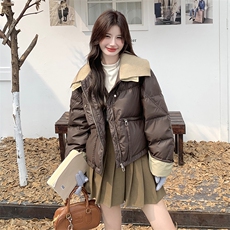 超好看咖色针织领短款羽绒服女冬2024新款加厚90白鸭绒面包服外套，女装羽绒服，2C269