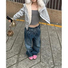 高街碎花刺绣弯刀牛仔裤女设计感宽松百搭显瘦高腰阔腿裤N7821，男装牛仔裤，星座1116A（原606A-3）