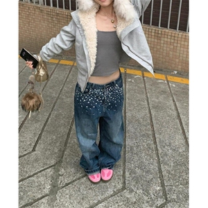 高街碎花刺绣弯刀牛仔裤女设计感宽松百搭显瘦高腰阔腿裤 N7821图片