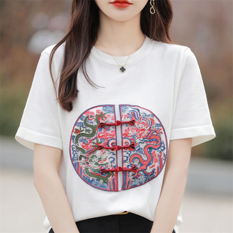 新中式刺绣短袖T恤女夏季圆领套头宽松显瘦百搭盘扣潮上衣,针织衫/毛衣,萱芳婷羊绒