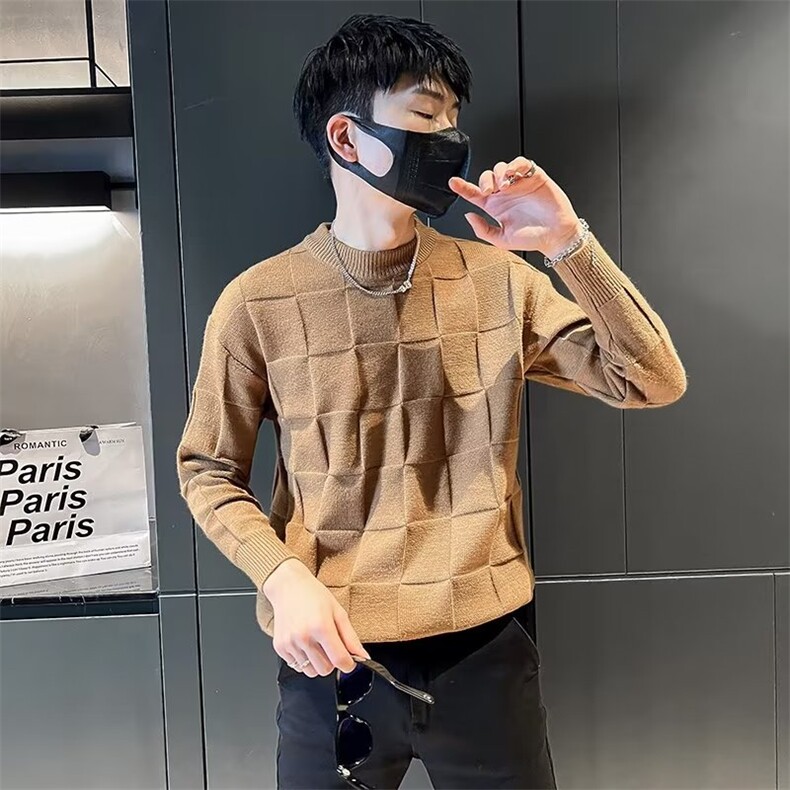 圆领毛衣男纯色棋盘格子宽松休闲羊毛衫线衣时尚男装M3039-P48,男装针织衫/毛衣,星座1109-3