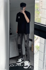 B221美式ins高街暗黑小众修身小脚破洞牛仔裤LK23055-P65控88，男装牛仔裤，电商B221