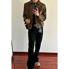 垫肩PU皮夹克复古棕色短款机车外套DY198-P80，男装夹克，星座1213