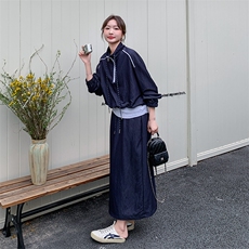 藏青色休闲运动套装裙女2025春季新款韩版学院风减龄半身裙两件套，女装套装/套裙，2C108