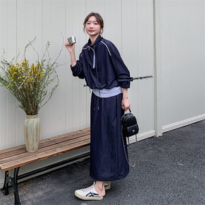 藏青色休闲运动套装裙女2025春季新款韩版学院风减龄半身裙两件套图片