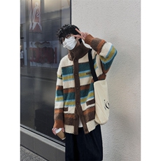25M808-P78现货秋冬男女撞色条纹开衫毛衣秋冬保暖针织衫外套，男装针织衫/毛衣，电商B327