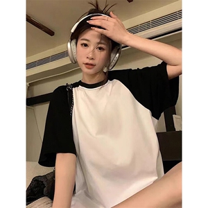 抖音得物高品质二开240克宽松纯棉美式潮牌插肩袖拼接短袖T恤图片